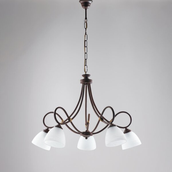 Lampadario Dallas in ferro laccato nero con decorazione ruggine e vetri alabastro bianchi 5 luci, altezza 52 Cm, Cavo allungabile fino a 112 Cm, larghezza 69 Cm