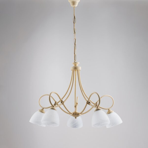 Lampadario Dallas in ferro laccato avorio con decorazione decap� e vetri alabastro bianchi 5 luci, altezza 52 Cm, Cavo allungabile fino a 112 Cm, larghezza 69 Cm