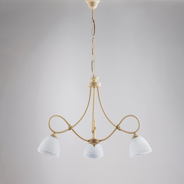 Lampadario Dallas in ferro laccato avorio con decorazione decap� e vetri alabastro bianchi 3 luci, altezza 52 Cm, Cavo allungabile fino a 112 Cm, larghezza 58 Cm
