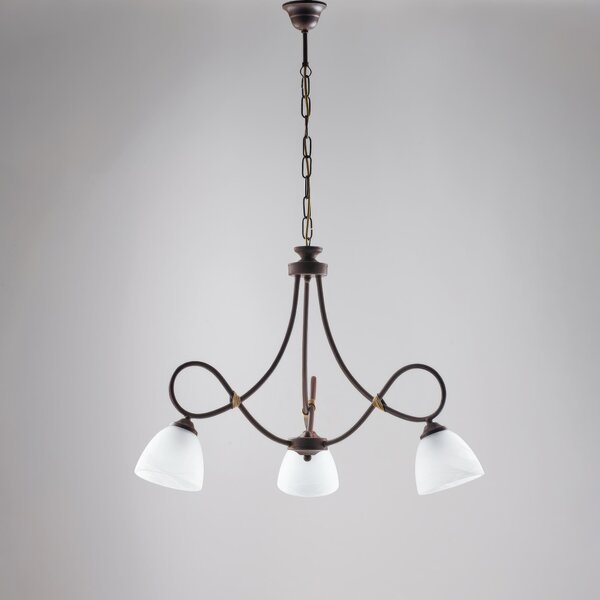 Lampadario Dallas in ferro laccato nero con decorazione ruggine e vetri alabastro bianchi 3 luci, altezza 52 Cm, Cavo allungabile fino a 112 Cm, larghezza 58 Cm