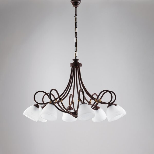 Lampadario Dallas in ferro laccato nero con decorazione ruggine e vetri alabastro bianchi 8 luci, altezza 55 Cm, Cavo allungabile fino a 115 Cm, larghezza 81 Cm