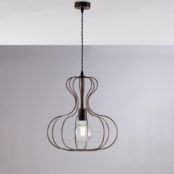 Sospensione Titty in ferro laccato nero con decorazione rame 1 luce , altezza 40 Cm, Cavo allungabile fino a 110 Cm, larghezza 35 Cm