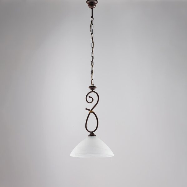 Lampadario Dallas in ferro laccato nero con decorazione ruggine e vetro alabastro biancho 1 luce, altezza 52 Cm, Cavo allungabile fino a 112 Cm, larghezza 30 Cm
