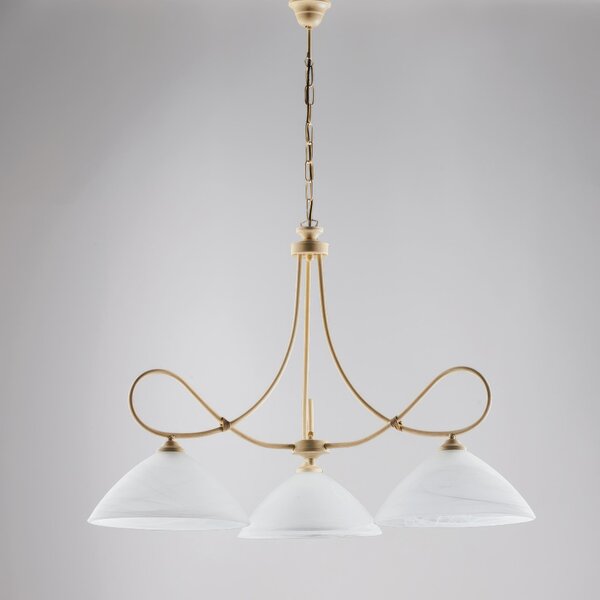Lampadario Dallas in ferro laccato avorio con decorazione decap� e vetri alabastro bianchi 3 luci, altezza 65 Cm, Cavo allungabile fino a 125 Cm, larghezza 78 Cm