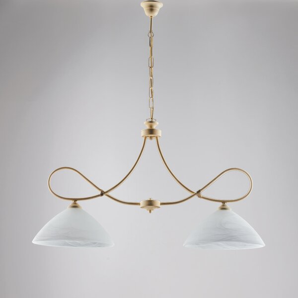 Lampadario Dallas in ferro laccato avorio con decorazione decap� e vetri alabastro bianchi 2 luci, altezza 50 Cm, Cavo allungabile fino a 110 Cm, larghezza 92 Cm