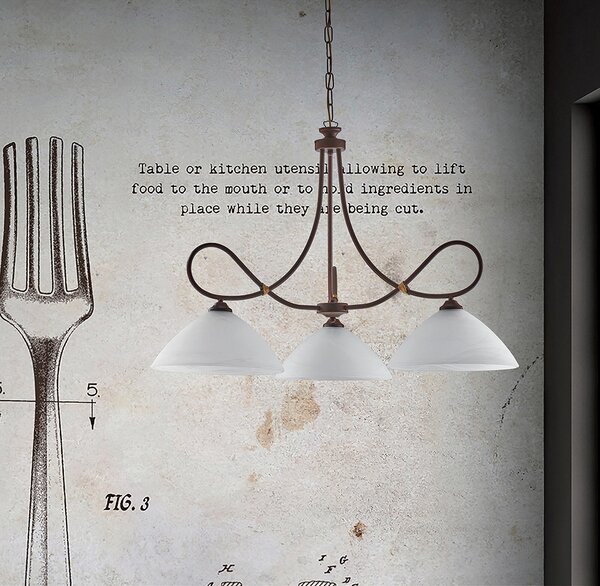 Lampadario Dallas in ferro laccato nero con decorazione ruggine e vetri alabastro bianchi 3 luci, altezza 65 Cm, Cavo allungabile fino a 125 Cm, larghezza 78 Cm