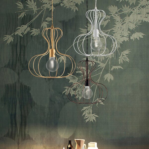 Sospensione Olimpia in ferro laccato bianco con decorazione argento 1 luce , altezza 54 Cm, Cavo allungabile fino a 124 Cm, larghezza 35 Cm