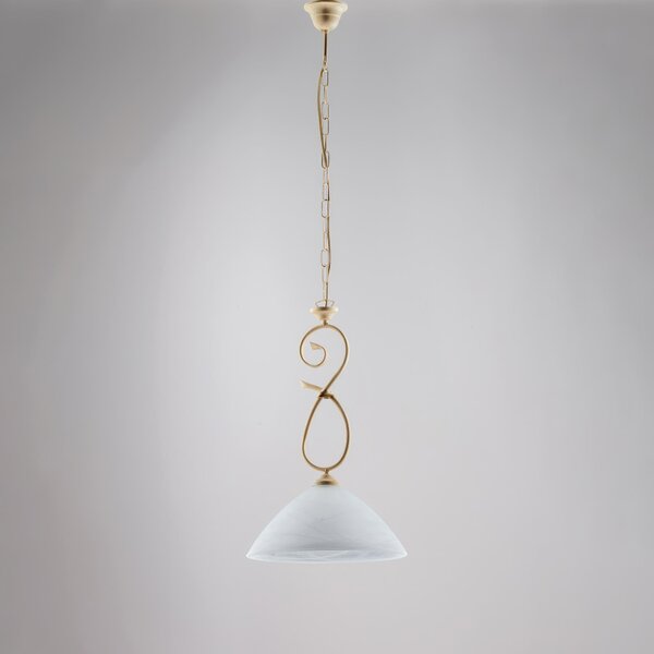 Lampadario Dallas in ferro laccato avorio con decorazione decap� e vetro alabastro biancho 1 luce, altezza 52 Cm, Cavo allungabile fino a 112 Cm, larghezza 30 Cm
