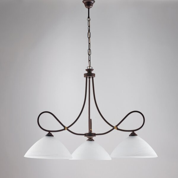 Lampadario Dallas in ferro laccato nero con decorazione ruggine e vetri alabastro bianchi 3 luci, altezza 65 Cm, Cavo allungabile fino a 125 Cm, larghezza 78 Cm