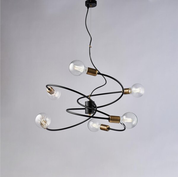 Sospensione in ferro laccato nero con finiture ottone brunito spazzolato e cavo acciaio regolabile 8 luci Diametro 55xh 30 Cm - Max 133 finiture ottone brunito