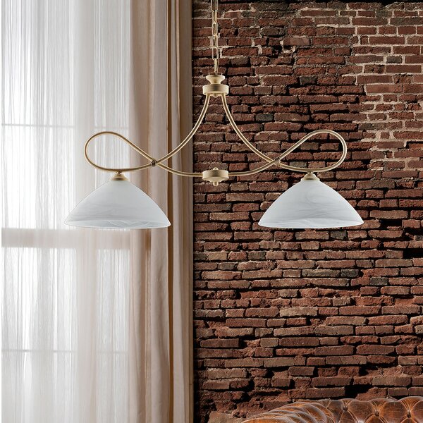 Lampadario Dallas in ferro laccato avorio con decorazione decap� e vetri alabastro bianchi 2 luci, altezza 50 Cm, Cavo allungabile fino a 110 Cm, larghezza 92 Cm