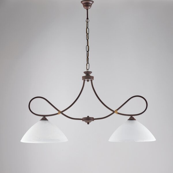 Lampadario Dallas in ferro laccato nero con decorazione ruggine e vetri alabastro bianchi 2 luci, altezza 50 Cm, Cavo allungabile fino a 110 Cm, larghezza 92 Cm