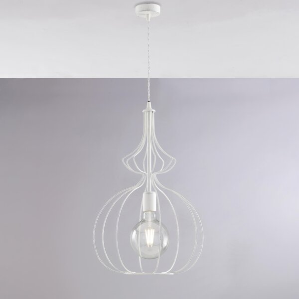 Sospensione Olimpia in ferro laccato bianco con decorazione argento 1 luce , altezza 54 Cm, Cavo allungabile fino a 124 Cm, larghezza 35 Cm