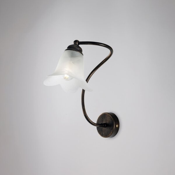 Applique Alice in ferro laccato marrone con decorazione oro chiaro e vetro alabastro bianco 1 luce, altezza 30 Cm, larghezza 26 Cm