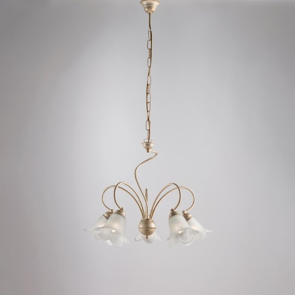 Lampadario Alice in ferro laccato avorio con decorazione oro chiaro e vetri alabastro bianchi 5 luci, altezza 46 Cm, Cavo allungabile fino a 106 Cm, larghezza 57 Cm