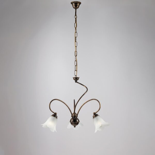 Lampadario Alice in ferro laccato marrone con decorazione oro chiaro e vetri alabastro bianchi 3 luci, altezza 46 Cm, Cavo allungabile fino a 106 Cm, larghezza 50 Cm