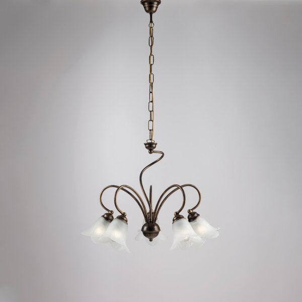 Lampadario Alice in ferro laccato marrone con decorazione oro chiaro e vetri alabastro bianchi 5 luci, altezza 46 Cm, Cavo allungabile fino a 106 Cm, larghezza 57 Cm
