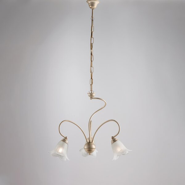Lampadario Alice in ferro laccato avorio con decorazione oro chiaro e vetri alabastro bianchi 3 luci, altezza 46 Cm, Cavo allungabile fino a 106 Cm, larghezza 50 Cm