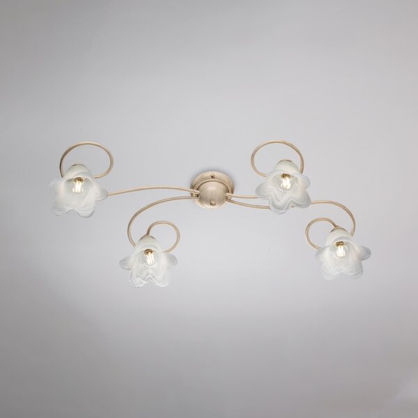 Plafoniera Alice in ferro laccato avorio con decorazione oro chiaro e vetri alabastro bianchi 4 luci, altezza 17 Cm, misure 87 X 40 Cm