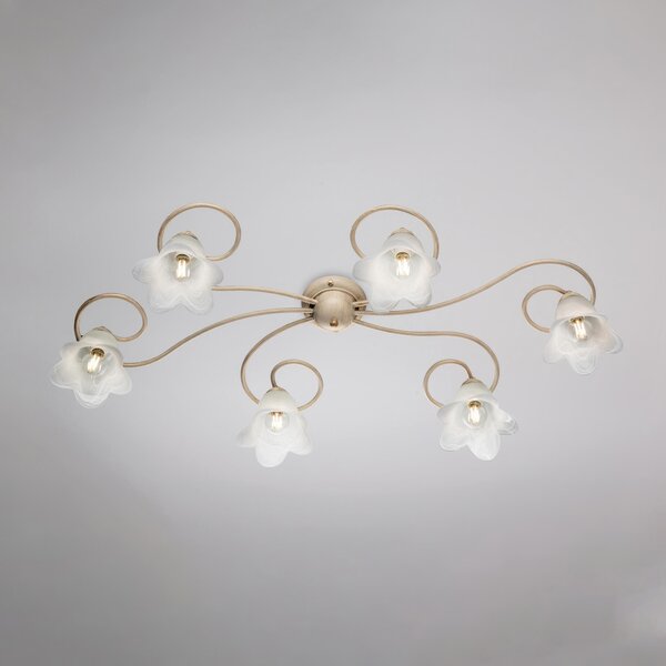 Plafoniera Alice in ferro laccato avorio con decorazione oro chiaro e vetri alabastro bianchi 6 luci, altezza 17 Cm, misure 99 X 50 Cm