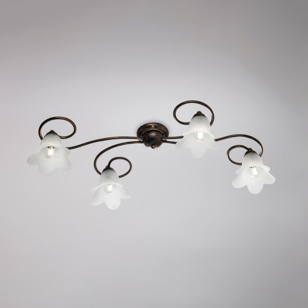 Plafoniera Alice in ferro laccato marrone con decorazione oro chiaro e vetri alabastro bianchi 4 luci, altezza 17 Cm, misure 87 X 40 Cm