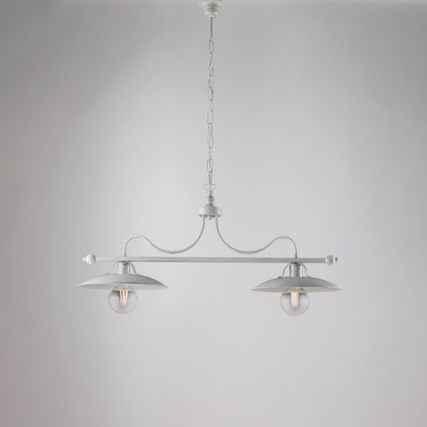 Lampadario Cantina in ferro laccato bianco con decorazione argento 2 luci , altezza 36 Cm, Cavo allungabile fino a 96 Cm, larghezza 87 Cm