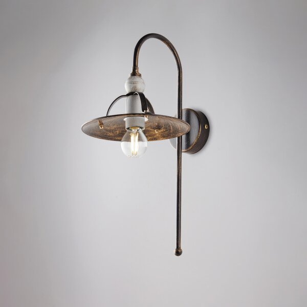 Applique Cantina in ferro laccato marrone con decorazione oro Antico e rifiniture bianche 1 luce, altezza 38 Cm, larghezza 25 Cm Marrone / Oro