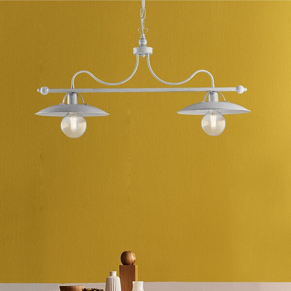 Lampadario Cantina in ferro laccato bianco con decorazione argento 2 luci , altezza 36 Cm, Cavo allungabile fino a 96 Cm, larghezza 87 Cm