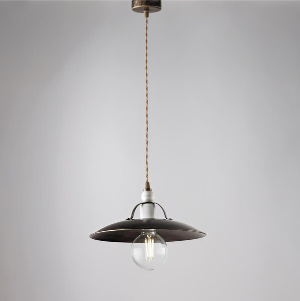 Sospensione Cantina in ferro laccato marrone con decorazione oro e rifiniture bianche 1 luce, altezza 14 Cm, Cavo allungabile fino a 74 Cm, larghezza 30 Cm