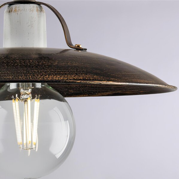 Plafoniera Cantina in ferro laccato marrone con decorazione oro Antico e rifiniture bianche 1 luce, altezza 14 Cm, larghezza 30 Cm Marrone / Oro