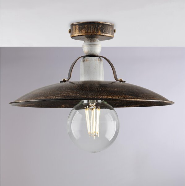 Plafoniera Cantina in ferro laccato marrone con decorazione oro Antico e rifiniture bianche 1 luce, altezza 14 Cm, larghezza 30 Cm Marrone / Oro