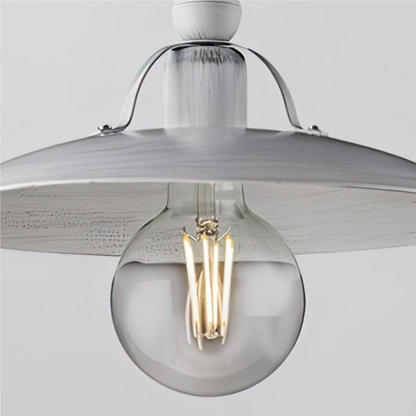 Sospensione Cantina in ferro laccato bianco con decorazione argento 1 luce , altezza 14 Cm, Cavo allungabile fino a 74 Cm, larghezza 30 Cm