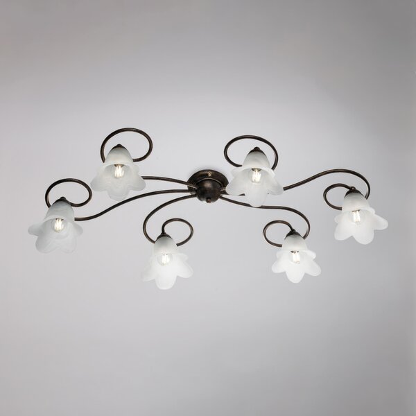 Plafoniera Alice in ferro laccato marrone con decorazione oro chiaro e vetri alabastro bianchi 6 luci, altezza 17 Cm, misure 99 X 50 Cm