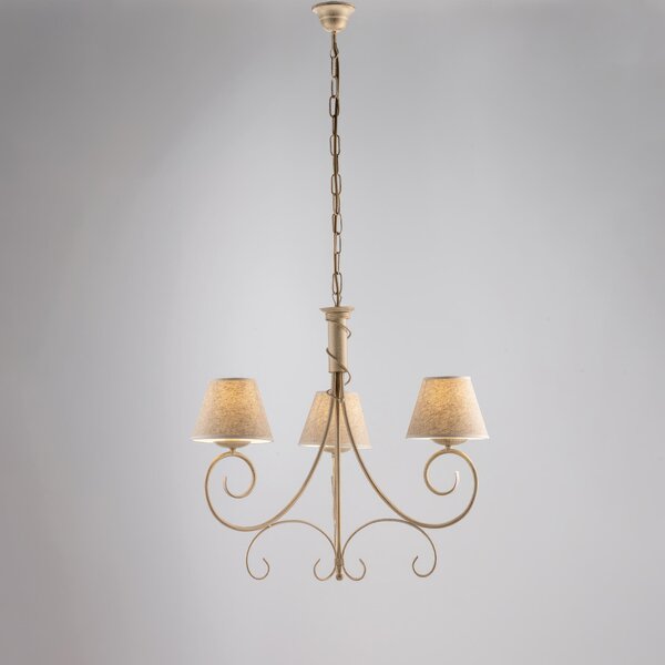 Lampadario Vienna in ferro laccato avorio con decorazione oro chiaro e paralumi in pvc effetto tessuto 3 luci, altezza 58 Cm, Cavo allungabile fino a 118 Cm, larghezza 52 Cm