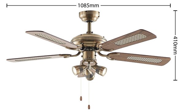 Ventilatore da soffitto Lindby con luce Anariki, silenzioso, ottone Anariki, Ottone / Oro, Soggiorno / Sala da pranzo, Metallo, Campagna / Rustiche