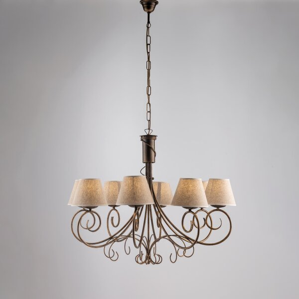 Lampadario Vienna in ferro laccato marrone con decorazione oro chiaro e paralumi in pvc effetto tessuto 8 luci, altezza 63 Cm, Cavo allungabile fino a 123 Cm, larghezza 78 Cm
