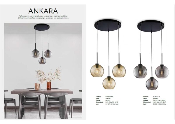 Sospensione Ankara H.41 - MAX 141 - �47 cm, Ambra, Ferro Laccato Nero e Vetro Soffiato