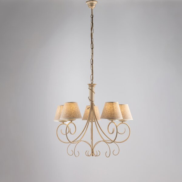 Lampadario Vienna in ferro laccato avorio con decorazione oro chiaro e paralumi in pvc effetto tessuto 5 luci, altezza 58 Cm, Cavo allungabile fino a 118 Cm, larghezza 60 Cm