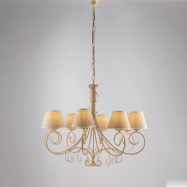 Lampadario Vienna in ferro laccato avorio con decorazione oro chiaro e paralumi in pvc effetto tessuto 8 luci, altezza 63 Cm, Cavo allungabile fino a 123 Cm, larghezza 78 Cm