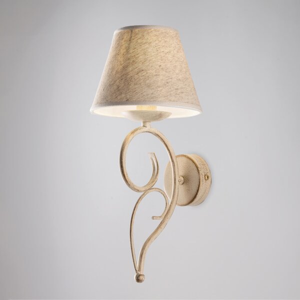 Applique Vienna in ferro laccato avorio con decorazione oro chiaro e paralume in pvc effetto tessuto 1 luce, altezza 38 Cm, larghezza 19 Cm