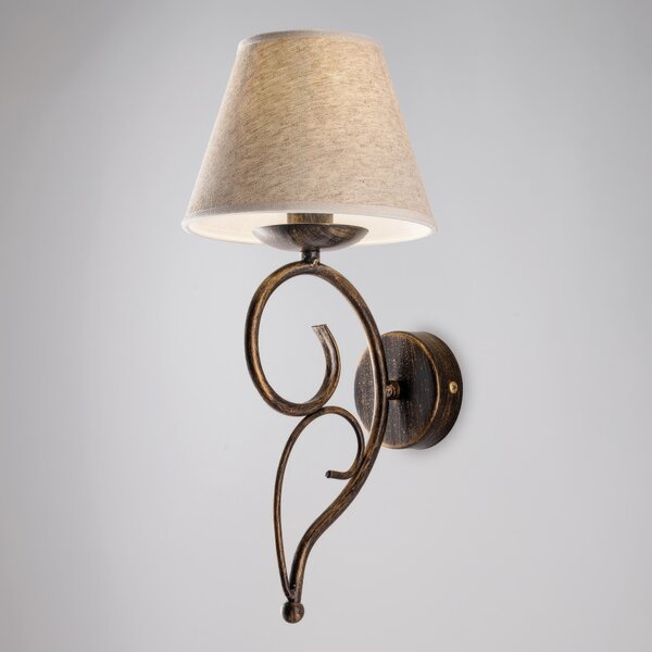 Applique Vienna in ferro laccato marrone con decorazione oro chiaro e paralume in pvc effetto tessuto 1 luce, altezza 38 Cm, larghezza 19 Cm