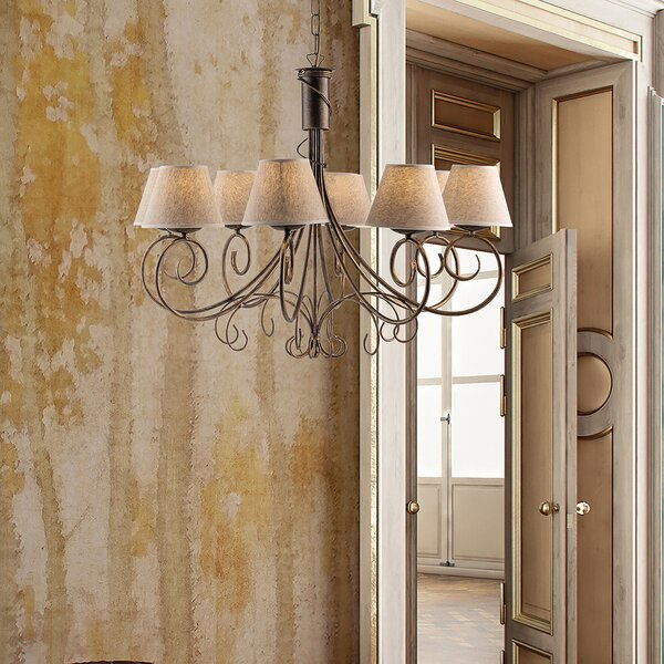 Lampadario Vienna in ferro laccato marrone con decorazione oro chiaro e paralumi in pvc effetto tessuto 8 luci, altezza 63 Cm, Cavo allungabile fino a 123 Cm, larghezza 78 Cm