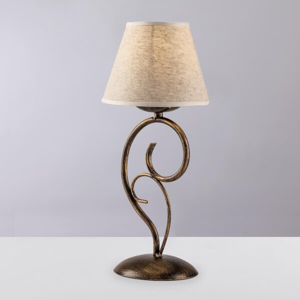 Lumetto Vienna in ferro laccato marrone con decorazione oro chiaro e paralume in pvc effetto tessuto 1 luce, altezza 38 Cm, larghezza 16 Cm