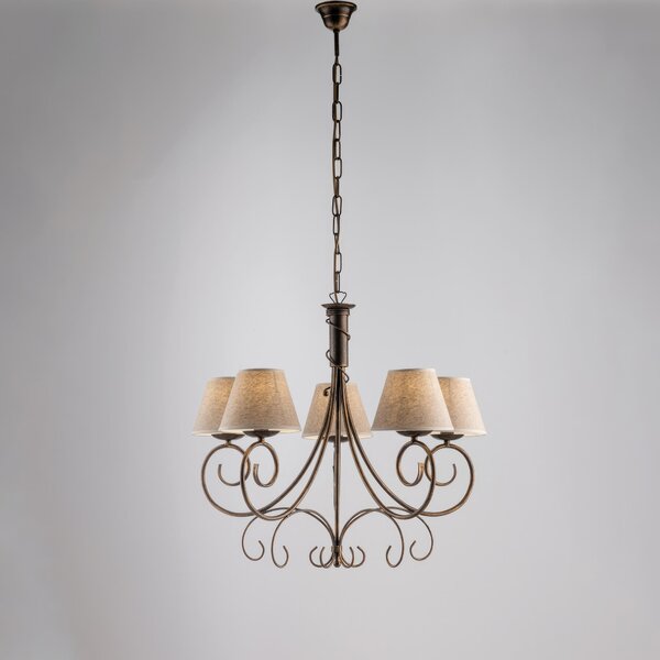 Lampadario Vienna in ferro laccato marrone con decorazione oro chiaro e paralumi in pvc effetto tessuto 5 luci, altezza 58 Cm, Cavo allungabile fino a 118 Cm, larghezza 60 Cm