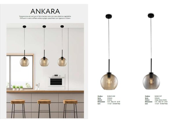 Sospensione Ankara H.41 - MAX 141 - �47 cm, Grigio Specchiato, Ferro Laccato Nero con Diffusori in Vetro Soffiato - 3 X E27 - 55 Watt Max