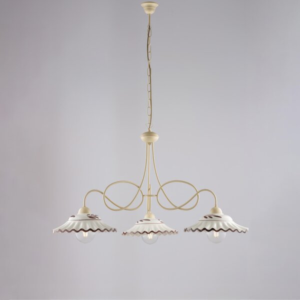 Lampadario in ferro laccato Avorio e decorazione effetto decap� A 3 luci MOD BISTROT Dimensioni 89x30xh 115 cm allungabile fino a 96 diffusori in vetro bianchi e MARRONE