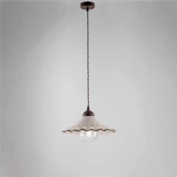 Sospensione in ferro laccato nero e decorazione effetto ruggine 1 luce MOD OSTERIA Dimensioni30xh 15 cm Cavo allungabile fino a 90 Cm con diffusore in ceramica bianco e marrone