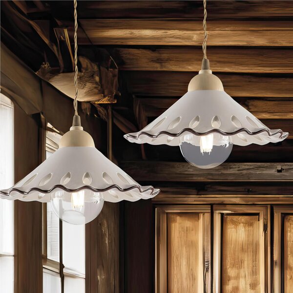 Sospensione in ferro laccato nero e decorazione effetto ruggine 1 luce MOD OSTERIA Dimensioni30xh 15 cm Cavo allungabile fino a 90 Cm con diffusore in ceramica bianco e marrone