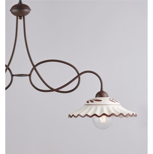 Lampadario in ferro laccato nero e decorazione effetto ruggine A 2 luci MOD BISTOT Dimensioni 98x30xh 55 cm allungabile fino a 96 diffusori in vetro o bianchi