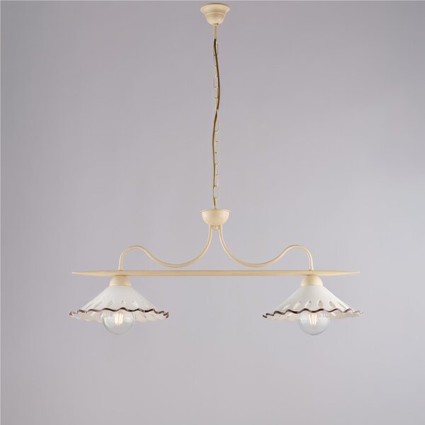 Lampadario in ferro laccato nero e decorazione effetto ruggine A 2 luci MOD OSTERIA Dimensioni 83x30xh 36 cm allungabile fino a 96 con diffusori in ceramica diametro 30 Avorio decape